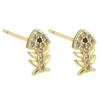 Cubic Zirconia Micro Pave Brass Earring, Fish Bone, gold color plated, fashion jewelry & micro pave cubic zirconia & for woman, golden, 5.50x10x14mm, 10Pairs/Lot, Sold By Lot