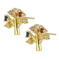 Cubic Zirconia Micro Pave Brass Earring, Tree, gold color plated, fashion jewelry & micro pave cubic zirconia & for woman, multi-colored, 12x11x15mm, 10Pairs/Lot, Sold By Lot