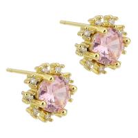Cubic Zirconia Micro Pave Brass Earring gold color plated fashion jewelry & micro pave cubic zirconia & for woman pink Sold By Lot