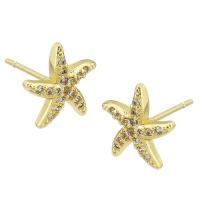 Cubic Zirconia Micro Pave Brass Earring, Starfish, gold color plated, fashion jewelry & micro pave cubic zirconia & for woman, golden, 10x10x14mm, 10Pairs/Lot, Sold By Lot