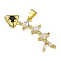 Cubic Zirconia Micro Pave Brass Pendant, Fish Bone, gold color plated, fashion jewelry & DIY & micro pave cubic zirconia, golden, 34x13x4mm, Hole:Approx 3mm, 10PCs/Lot, Sold By Lot