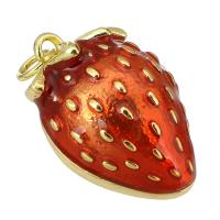 Bijoux pendentifs en laiton, fraise, Placage de couleur d'or, bijoux de mode & DIY & émail, rouge, 15x22x10mm, Trou:Environ 3mm, 10PC/lot, Vendu par lot