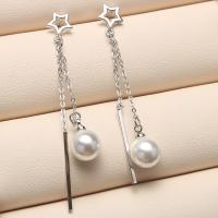 Shell Pearl Tassel Earring, with Brass, silver color plated, micro pave cubic zirconia, more colors for choice, 8mm, Sold By Pair