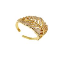 Brass Cuff Finger Ring, Leaf, gold color plated, micro pave cubic zirconia, golden, nickel, lead & cadmium free, 17mm, Sold By PC