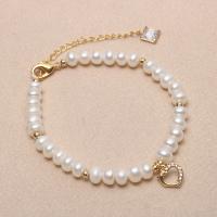 Freshwater Cultured Pearl Bracelet, Freshwater Pearl, with Brass, with 1.57 extender chain, Heart, gold color plated, for woman, white, 6-7mm, Sold Per 6.3 Inch Strand
