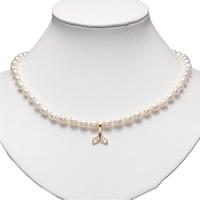 Freshwater Pearl Brass Necklace, with Brass, gold color plated, for woman & with rhinestone, white, 5-6mm, Sold Per 16.73 Inch Strand