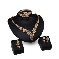 Tibetan Style Jewelry Sets, bangle & finger ring & earring & necklace, gold color plated, 4 pieces & for woman & with rhinestone & hollow, nickel, lead & cadmium free, 140mm, 78mm, 36mm, 49mm, US Ring Size:6-8, Sold By Set
