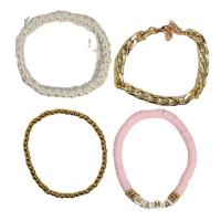 Polymer Clay Bracelet Set, with aluminum chain & Copper Coated Plastic & Plastic Pearl, gold color plated, 4 pieces & for woman, more colors for choice, Length:Approx 7 Inch, Sold By Set