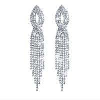 Rhinestone Earring, with Brass, Tassel, silver color plated, fashion jewelry & for woman & hollow, 15x90mm, Sold By Pair