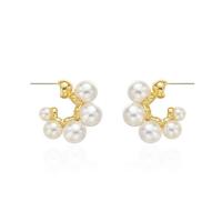 Tibetan Style Stud Earring, with Plastic Pearl, gold color plated, for woman, white, 27x30mm, Sold By Pair