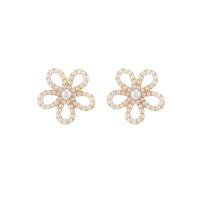 Zinc Alloy Stud Earring with Plastic Pearl Flower gold color plated for woman & hollow Sold By Pair