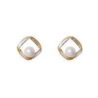Zinc Alloy Stud Earring with Plastic Pearl gold color plated for woman & enamel & with rhinestone & hollow Sold By Pair