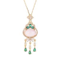 Natural Gemstone Necklace, Tibetan Style, with Pink Calcedony, gold color plated, for woman & with rhinestone, 18x48mm, Length:Approx 17.71 Inch, Sold By PC