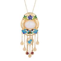 Mode-Fringe-Halskette, Zinklegierung, mit Hetian Jade, goldfarben plattiert, für Frau & Emaille, 34x82mm, Länge:ca. 17.71 ZollInch, verkauft von PC