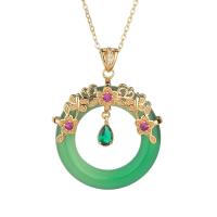 Gemstone smykker halskæde, Zinc Alloy, med Green Calcedony, guldfarve belagt, for kvinde & med rhinestone, grøn, 30x40mm, Længde Ca. 17.71 inch, Solgt af PC