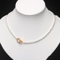 Freshwater Pearl Brass Necklace, with Brass, with 1.57 extender chain, Rice, gold color plated, for woman & with rhinestone, white, 3-4mm, Sold Per 13.78 Inch Strand