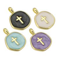 Messing Kruis Hangers, gold plated, met cross patroon & glazuur, meer kleuren voor de keuze, 14x18x2mm, Gat:Ca 2mm, Verkocht door PC