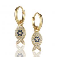 Cubic Zirconia Micro Pave Brass Earring, Fish, gold color plated, micro pave cubic zirconia & for woman, 7x23mm, Sold By Pair