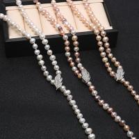 Sladkovodní Pearl svetr řetěz náhrdelník, Kolo, barva stříbrná á, micro vydláždit kubické zirkony & pro ženy, více barev na výběr, 7-8mm, Prodáno za 28.74 inch Strand