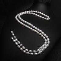 Sladkovodní Pearl svetr řetěz náhrdelník, s Mosaz, Rýže, barva stříbrná á, micro vydláždit kubické zirkony & pro ženy, bílý, 8-9mm, Prodáno za 33.86 inch Strand