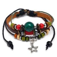 PU Leather Cord Bracelets, with Linen & Wood & Tibetan Style, Unisex, brown, Length:6.69 Inch, Sold By PC