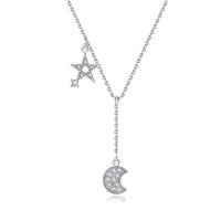 Sinc Alloy Jewelry muince, le 1.96 inch slabhra extender, Moon agus Star, dath platanam plátáilte, micrea réiteach zirconia ciúbach & do bhean, Fad Thart 15.74 Inse, Díolta De réir PC