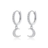 Huggie Hoop Drop Earring, Tibetan Style, Moon, platinum color plated, micro pave cubic zirconia & for woman, 6.60x13.20mm, Sold By Pair