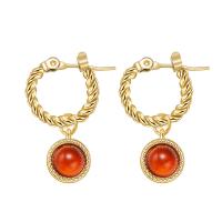 Huggie Hoop Drop Earring 304 Stainless Steel with Gemstone Round Vacuum Plating & for woman gold Sold By Pair