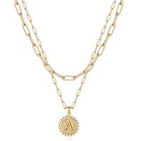 Tibetan Style Jewelry Necklace, with 2inch extender chain, Flat Round, 14K gold plated, Double Layer & different styles for choice & with letter pattern & for woman, nickel, lead & cadmium free, Length:Approx 14.1 Inch, Approx 18.1 Inch, Sold By PC