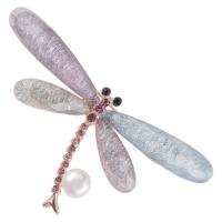Rhinestone Brooch Zinc Alloy with Freshwater Pearl Dragonfly gold color plated for woman & with rhinestone multi-colored Sold By PC