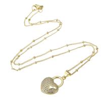 Cubic Zircon Micro Pave Brass Necklace, Lock, gold color plated, micro pave cubic zirconia & for woman & hollow, 14x21x4mm, Length:Approx 17.7 Inch, Sold By PC