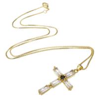 Cubic Zircon Micro Pave Brass Necklace, Cross, gold color plated, micro pave cubic zirconia & for woman, 24x37x4.50mm, Length:Approx 17.5 Inch, Sold By PC