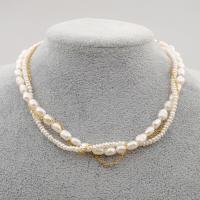 Collier de perles d'eau douce naturelles, perle d'eau douce cultivée, avec Acier titane, avec 2.36 chaînes de rallonge, Plaqué or 18K, trois couches & bijoux de mode & pour femme, blanc, Vendu par 38 cm brin