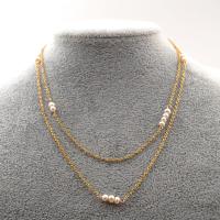 Freshwater Pearl Brass Chain Necklace, Pérolas de água doce, with cobre, with 2.36 extender chain, Natural & Camada Dupla & joias de moda & para mulher, dourado, comprimento 36 cm, vendido por PC