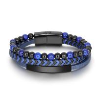 Titanium Steel Bracelet, with PU Leather & Agate, stoving varnish, three layers & fashion jewelry & for man, blue, 41*6mm,20mm, Length:Approx 8.46 Inch, Sold By PC