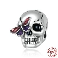 925 Sterling Silver European Beads, Skull, oxidation, enamel, silver color, 12x10mm, Hole:Approx 4.5mm, Sold By PC