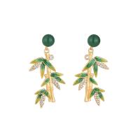 Natural Gemstone Earrings Brass with Green Calcedony Bamboo gold color plated Hand-Painted Enamel Glaze & for woman 34mm Sold By Pair