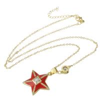 Cubic Zircon Micro Pave Brass Necklace, Star, gold color plated, micro pave cubic zirconia & for woman & enamel, red, 24.50x25x5mm, Length:Approx 20 Inch, Sold By PC