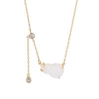 Natural Gemstone Necklace, Brass, with White Chalcedony, Calabash, gold color plated, micro pave cubic zirconia & for woman, white, Length:Approx 17.71 Inch, Sold By PC