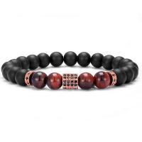 Gemstone Bracelets, Abrazine Stone, with Red Tiger Eye Stone & Brass, Round, plated, Unisex & anti-fatigue & micro pave cubic zirconia, more colors for choice, 8mm, Length:Approx 7.48 Inch, Sold By PC