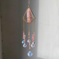 Ornamentos pendurados, quartzo rosa, with cristal & ferro, cromado de cor dourada, facetada, rosa, 450mm, vendido por PC
