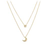 Cubic Zircon Micro Pave Brass Necklace with 1.97inch extender chain Moon and Star 18K gold plated Double Layer & fashion jewelry & micro pave cubic zirconia & for woman golden nickel lead & cadmium free 8*7mm 3*3mm Length Approx 13.8 Inch Approx 15.7 Inch Sold By PC