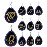 Natural Black Obsidian Pendants, Teardrop, stoving varnish, Zodiac symbols jewelry & DIY & with constellation symbols & different designs for choice, black, 22x35mm, Sold By PC