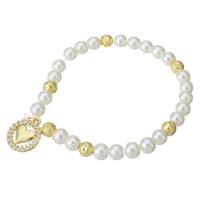 Bracelet cubique en laiton zircon pavent, avec perle de plastique, Placage de couleur d'or, pavé de micro zircon & pour femme, blanc, Longueur:Environ 7 pouce, Vendu par PC