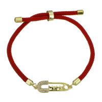 Bracelet cubique en laiton zircon pavent, avec cordon de polyester, Placage de couleur d'or, Réglable & pavé de micro zircon & pour femme, rouge, Longueur Environ 8 pouce, Vendu par PC