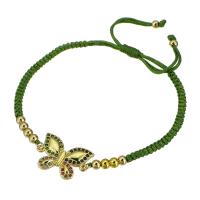 Cubic Zirconia Micro Pave Brass Bracelet, with Polyester Cord, Butterfly, gold color plated, Adjustable & micro pave cubic zirconia & for woman, green, Length:Approx 11 Inch, Sold By PC