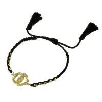 Cubic Zirconia Micro Pave Brass Bracelet, with Polyester Cord, gold color plated, Adjustable & micro pave cubic zirconia & for woman & hollow, black, Length:Approx 11 Inch, Sold By PC