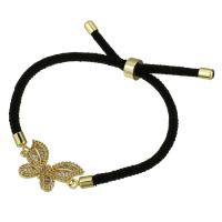 Bracelet cubique en laiton zircon pavent, avec cordon de polyester, papillon, Placage de couleur d'or, Réglable & pavé de micro zircon & pour femme, noire, Longueur:Environ 8 pouce, Vendu par PC