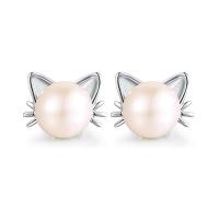 925 Sterling Silver Stud Earrings with Plastic Pearl Cat plated fashion jewelry & for woman 7.5-8mm Sold By Pair