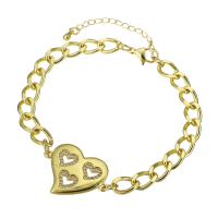 Bracelet cubique en laiton zircon pavent, coeur, Placage de couleur d'or, pavé de micro zircon & pour femme & creux, 26x19mm, Longueur:Environ 9.5 pouce, Vendu par PC